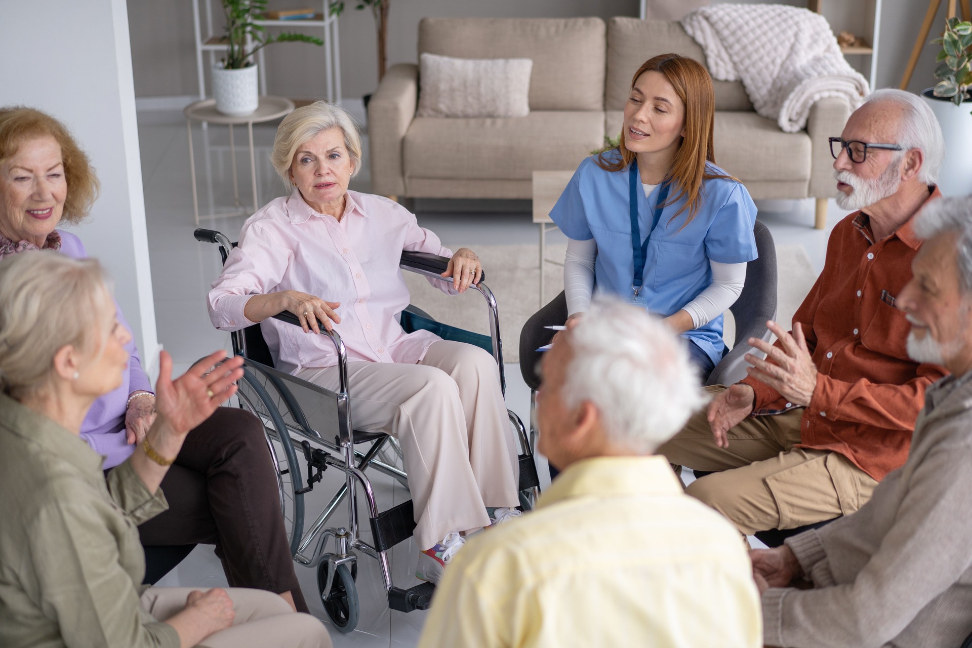 Group Discussion Among Seniors in a Warm, Welcoming Space